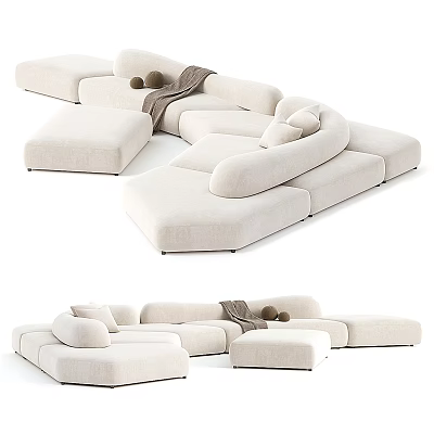 Modern Beige Fabric Modular Sectional Sofa With Cushions And Throw Blanket 3d model