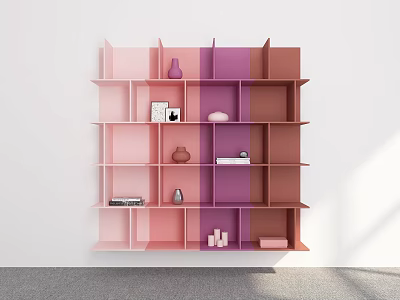 Multicolored Shelving Unit With Pink Purple Brown Sections Displaying Vases Books Ornaments Against White Wall 3d model