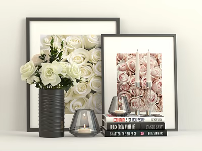 Elegant Ornament Set With Framed Rose Art Vase White Roses Candle Holder And Stacked Books 3d model