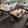 Modern Office Interior With Brick Wall Staircase Large Windows Long Wooden Table And Colorful Chairs
