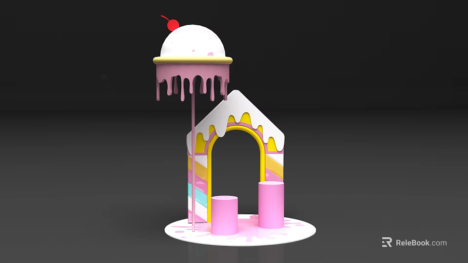 Colorful Ice Cream Themed Decorative Structure With Cherry Top Dripping Frosting And Pink Pillars 3d model 