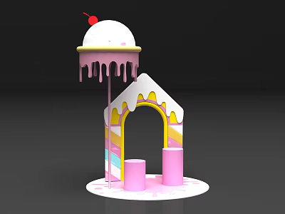 Colorful Ice Cream Themed Decorative Structure With Cherry Top Dripping Frosting And Pink Pillars 3d model