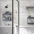 Modern Bathroom Design With Marble Walls Glass Shower Round Mirror Wooden Vanity and Storage Shelves