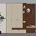 Modern White And Wooden Shoe Cabinet With Storage Shelves Hanging Area Bench Seat And Potted Plant