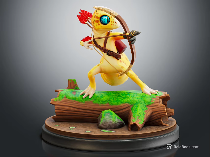 Fantasy Lizard Archer Game Character Standing On Wooden Base With Green Moss And Red Accents 3d model 