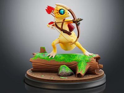 Fantasy Lizard Archer Game Character Standing On Wooden Base With Green Moss And Red Accents 3d model