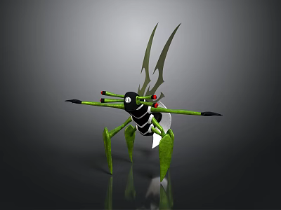Green Creature With Black Body Red Eyes Long Legs And Elongated Wings 3d model