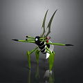 Green Creature With Black Body Red Eyes Long Legs And Elongated Wings