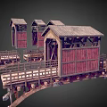 Wooden Covered Bridge Model Structures With Gabled Roofs Railings And Wooden Frames