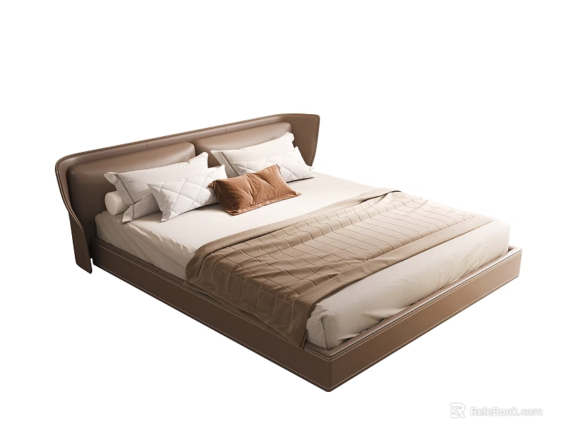Modern Double Bed With Brown Leather Headboard White Brown Pillows And Soft Blanket 3d model 