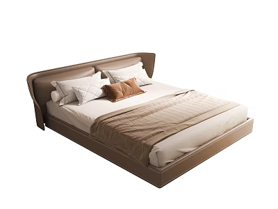 Modern Double Bed With Brown Leather Headboard White Brown Pillows And Soft Blanket 3d model