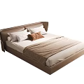 Modern Double Bed With Brown Leather Headboard White Brown Pillows And Soft Blanket