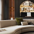 Elegant Modern Living and Dining Room With Curved Sofa Coffee Table Fireplace And Chandelier