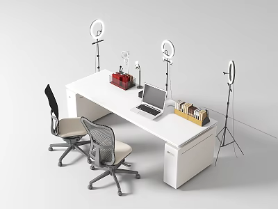 Office Desk Setup With Laptop Red Storage Yellow File Organizers Two Ergonomic Chairs Ring Lights 3d model