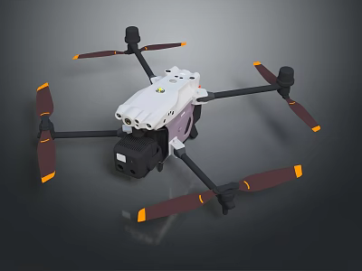 Professional Drone With White Body Black Rotor Arms And Orange Tipped Propellers 3d model