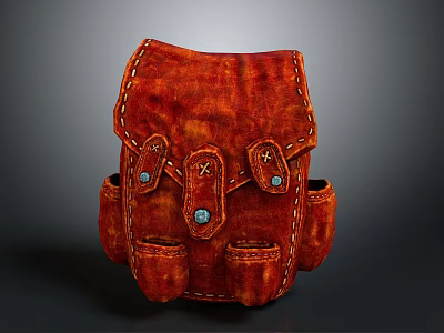 Vintage Red Leather Backpack Featuring Multiple Pockets And Stitched Details 3d model