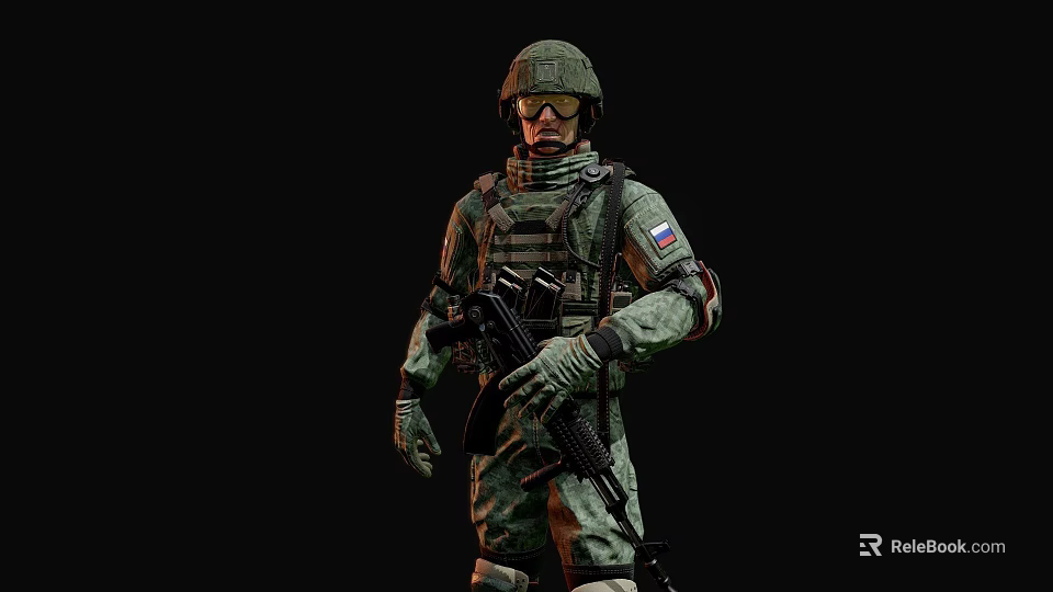 Military Soldier In Camouflage Uniform With Helmet Rifle And Russian Flag Patch 3d model 