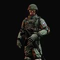 Military Soldier In Camouflage Uniform With Helmet Rifle And Russian Flag Patch