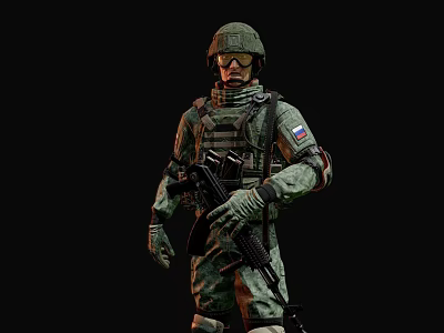 Military Soldier In Camouflage Uniform With Helmet Rifle And Russian Flag Patch 3d model