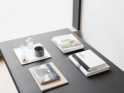 Stylish Desk Arrangement With Books Tray Glass And Black Cup By White Blinds 3d model