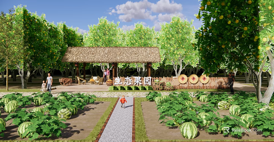 Lush Garden Landscape With Thatched Roof Pavilion Vegetable Beds And Watermelon Plants 3d model 