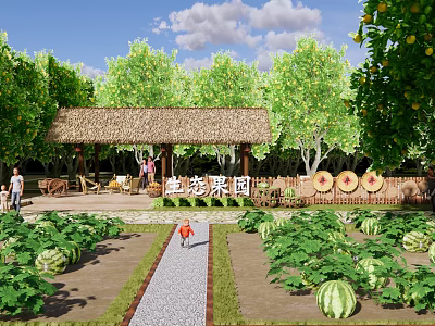 Lush Garden Landscape With Thatched Roof Pavilion Vegetable Beds And Watermelon Plants 3d model