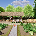Lush Garden Landscape With Thatched Roof Pavilion Vegetable Beds And Watermelon Plants
