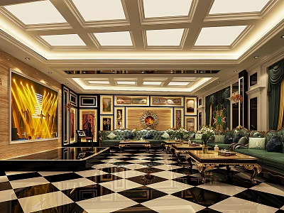 Luxurious KTV Interior With Square Ceiling Decorative Paintings And Checkered Floor 3d model