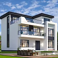 Modern Detached Villa With White Exterior Black Roof Large Windows Swimming Pool And Green Lawn