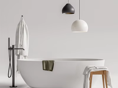 White Bathtub in Modern Bathroom with Black and White Pendant Lights a Towel and Stool 3d model