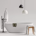 White Bathtub in Modern Bathroom with Black and White Pendant Lights a Towel and Stool