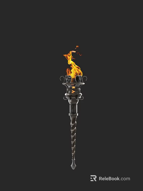 Burning Torch With Flaming Fire And Spiral Metal Stand Design 3d model 