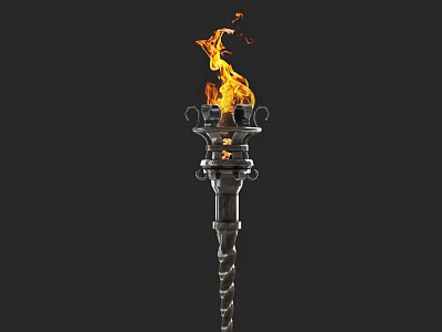 Burning Torch With Flaming Fire And Spiral Metal Stand Design 3d model