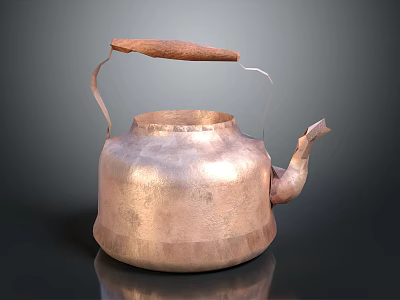 Copper Kettle With Wooden Handle And Hammered Surface For Daily Use 3d model