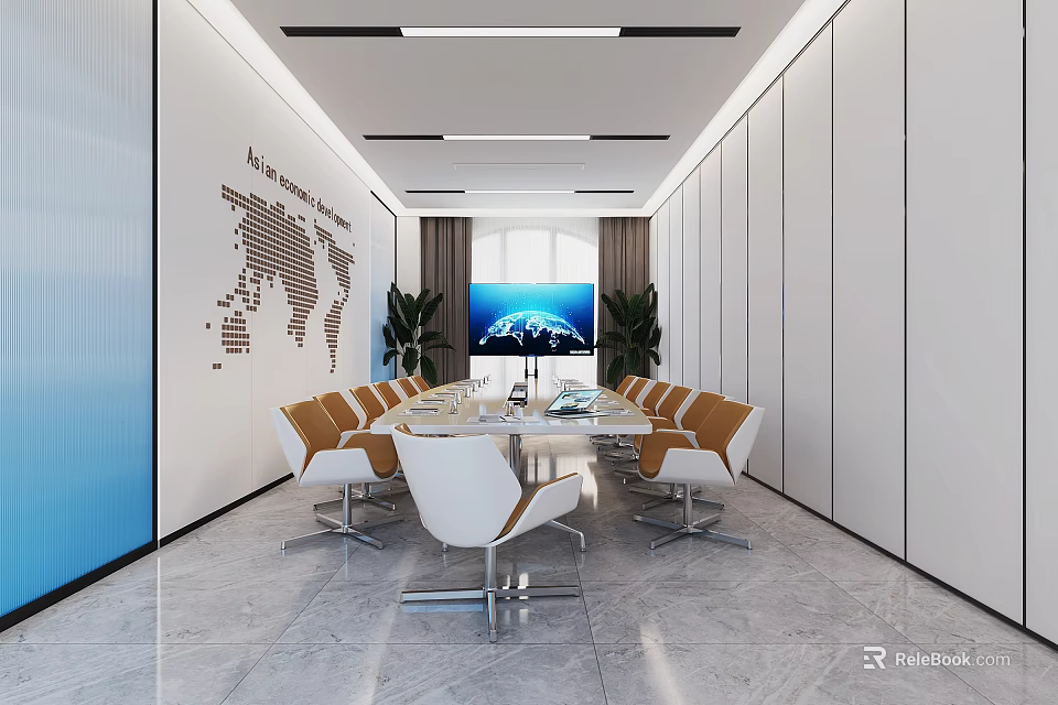 Modern Conference Room Interior With World Map on Wall Large Screen Meeting Table And Chairs 3d model 