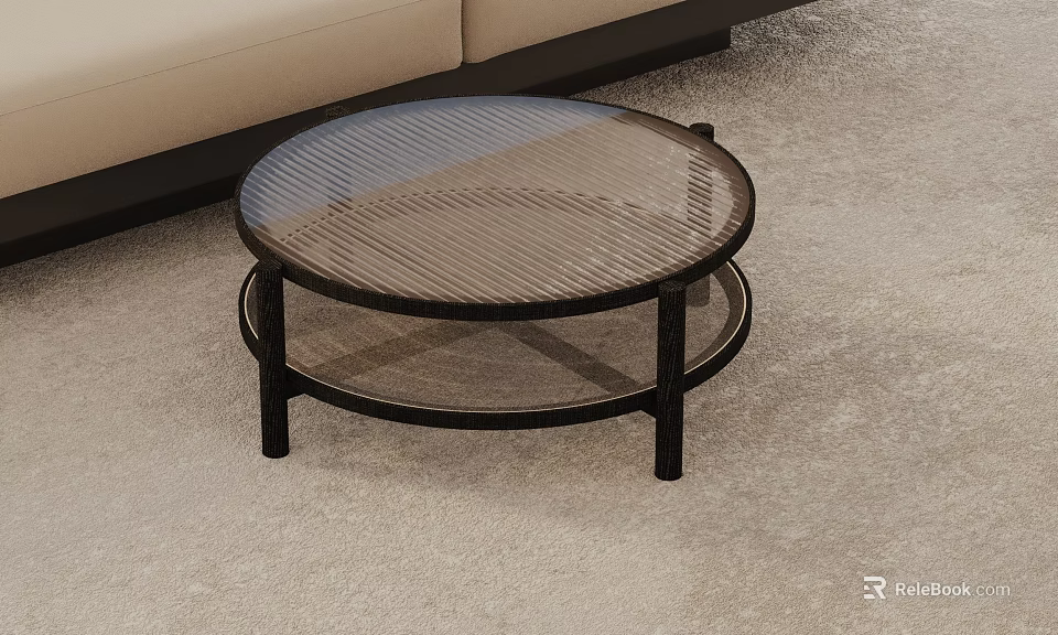 Round Glass Top Coffee Table With Black Metal Frame Two Tier Design Near Beige Sofa 3d model 