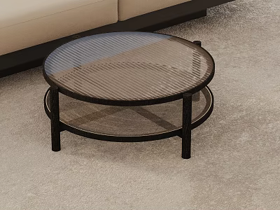 Round Glass Top Coffee Table With Black Metal Frame Two Tier Design Near Beige Sofa 3d model