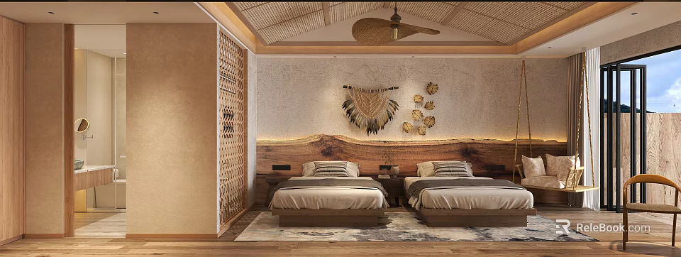 Hotel Guest Room Featuring Twin Beds Wooden Headboard Fringed Wall Art And Bamboo Ceiling Fan 3d model 