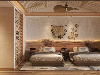 Hotel Guest Room Featuring Twin Beds Wooden Headboard Fringed Wall Art And Bamboo Ceiling Fan 3d model
