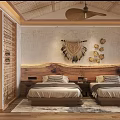 Hotel Guest Room Featuring Twin Beds Wooden Headboard Fringed Wall Art And Bamboo Ceiling Fan