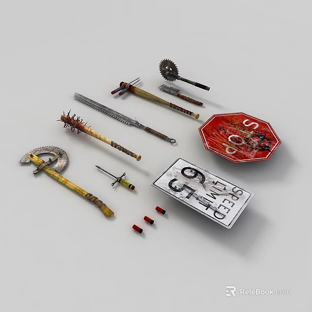 Collection of Various Weapons Featuring Spiked Sticks Gear Shaped Tools Axes Blades and Red Shields 3d model 