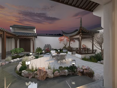 Traditional Chinese Garden Landscape With Pavilion Rock Formations Stone Paving And Sunset Lighting 3d model