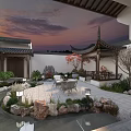 Traditional Chinese Garden Landscape With Pavilion Rock Formations Stone Paving And Sunset Lighting