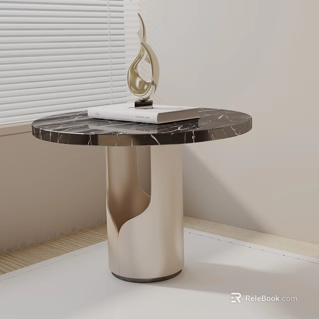 Modern Round Marble Top Side Table with Gold Metal Base Book and Decorative Sculpture 3d model 