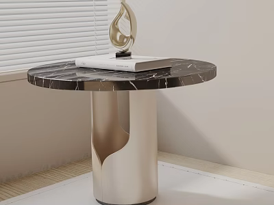 Modern Round Marble Top Side Table with Gold Metal Base Book and Decorative Sculpture 3d model