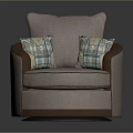 Cozy Single Sofa With Beige Upholstery Plaid Patterned Cushions And Brown Armrests For Living Room