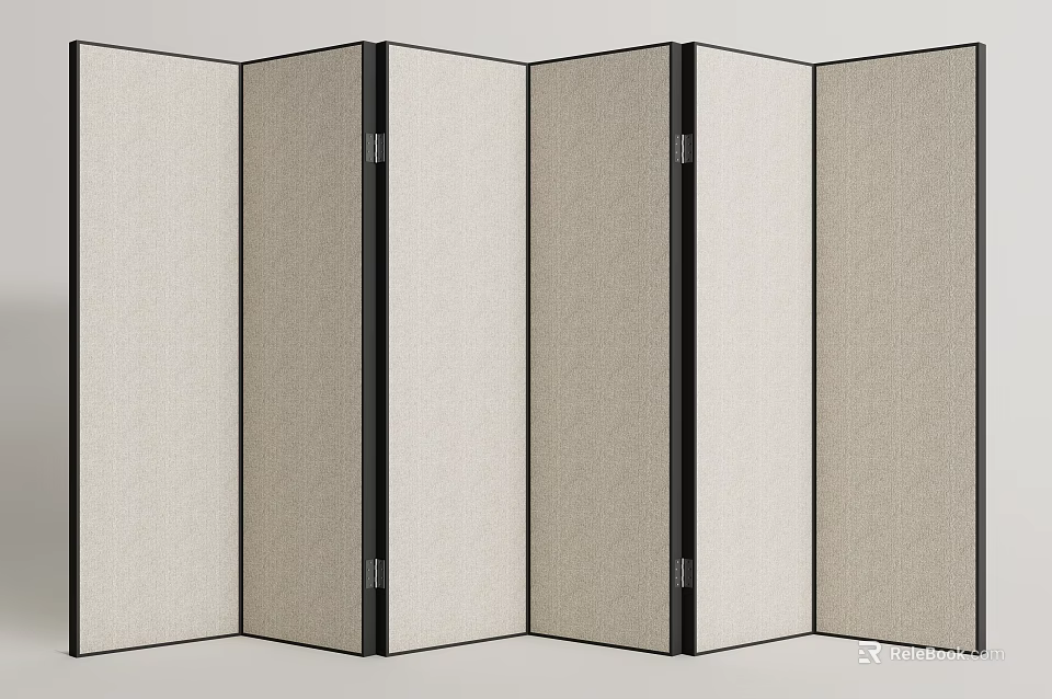 Modern Folding Room Divider With Fabric Panels And Black Frame Design 3d model