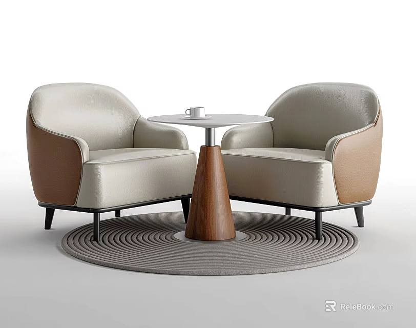 Beige and Brown Armchairs and Conical Wooden Coffee Table Set on Round Gray Rug 3d model 