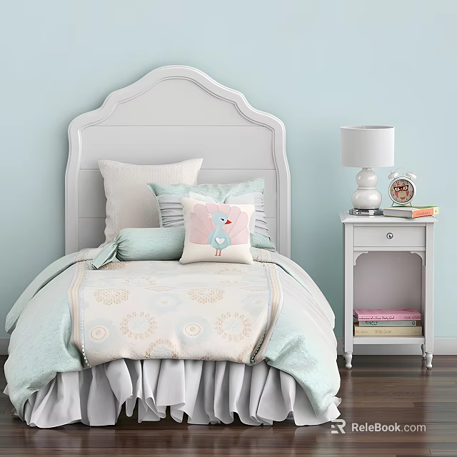 Kids Bed with White Curved Headboard Soft Pillows Bird Print Cushion and White Nightstand 3d model 