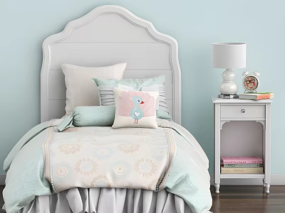 Kids Bed with White Curved Headboard Soft Pillows Bird Print Cushion and White Nightstand 3d model